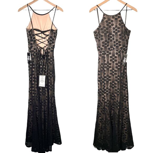 MACY'S JUMP APPAREL NWT Nude Cream & Black Lace Maxi Dress Gown - Size 3/4 - Picture 1 of 10